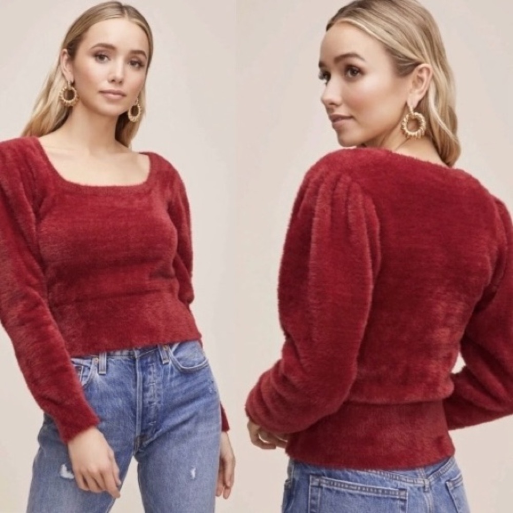 ASTR the Label Red Fuzzy Long Sleeve Square Neck Cropped Sweater Wine Size S